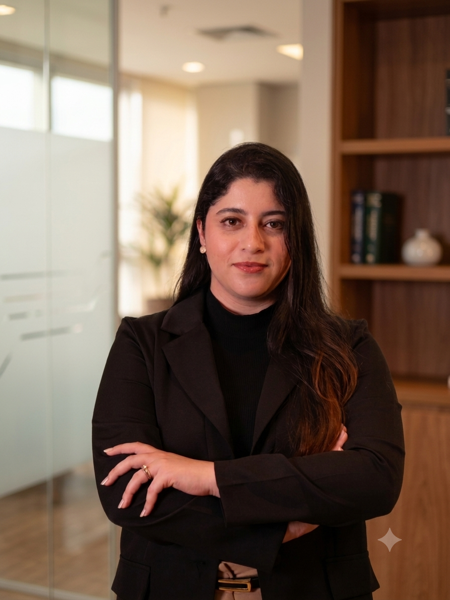 Ingrid Castro, consultora financeira, sentada à mesa de trabalho